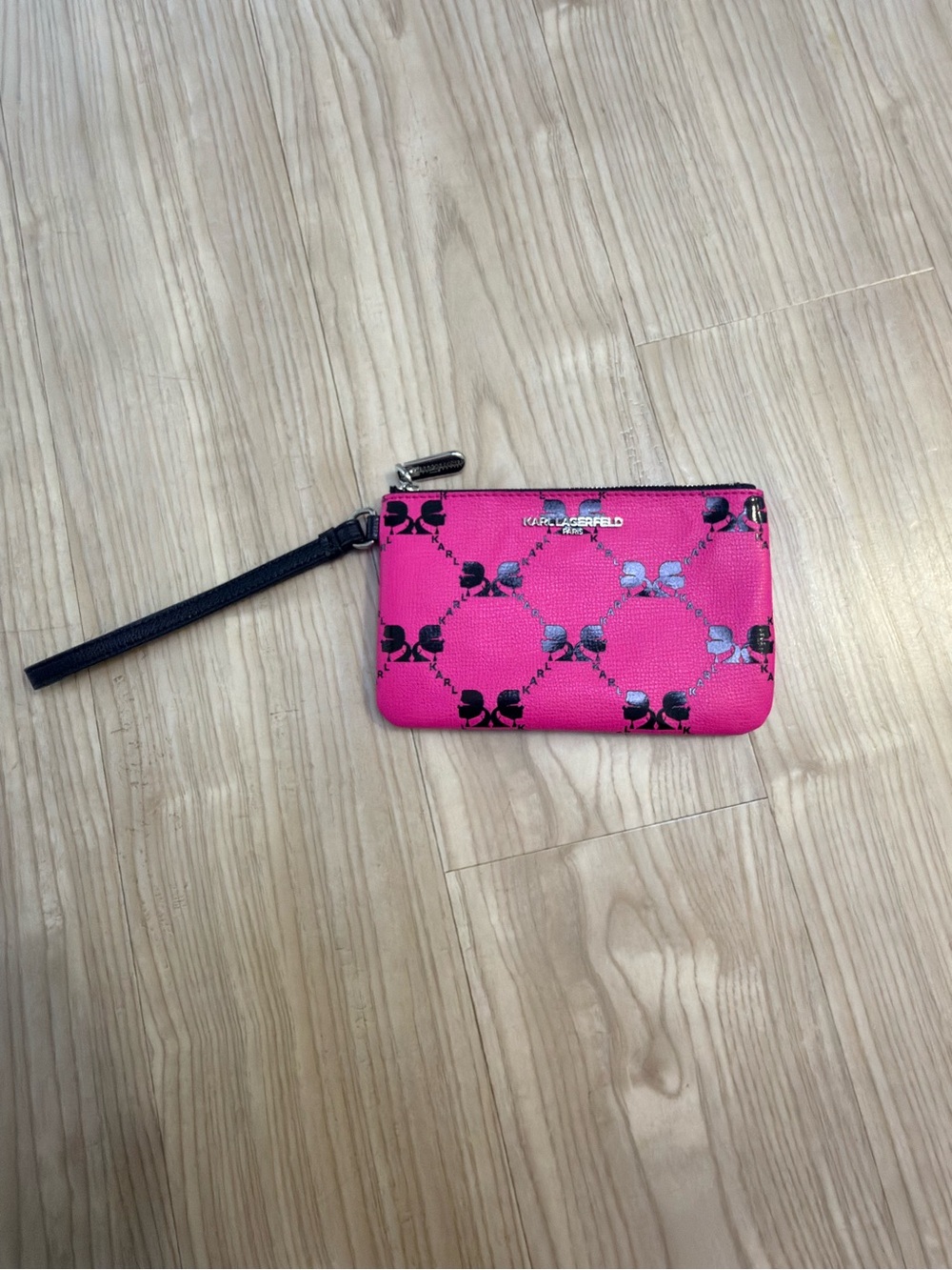 Karl Lagerfeld Hot Pink Wristlet Pouch with Black Strap